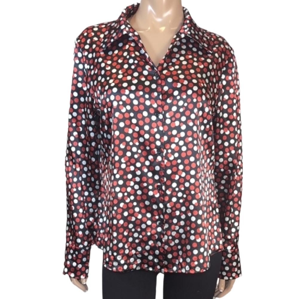 Kasper Polka Dot Satin Button Down Shirt Womens Size 12 Red Black White